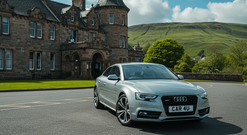A silver Audi A5 with the license plate CAR 4U parked in front of a historic stone building and green hills.