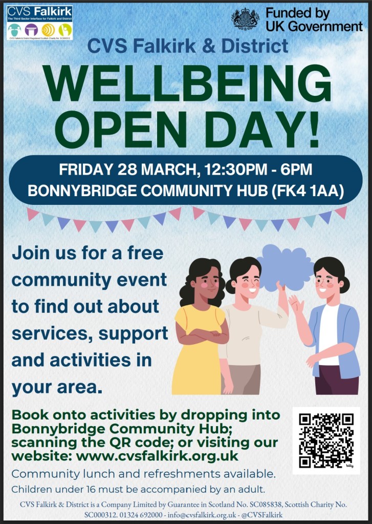 Poster for a wellbeing open day event organized by CVS Falkirk, featuring details about the date, time, location, and activities available.