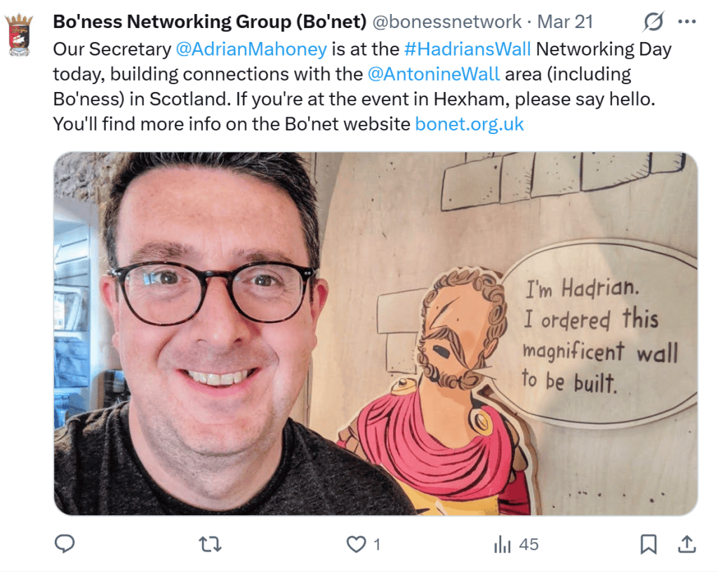 Tweet about Adrian's visit to Hadrian's Wall.
